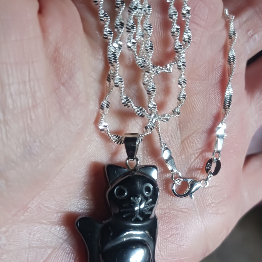 Carved Hemetite Kitten Pendant Necklace 925 Sterling Silver